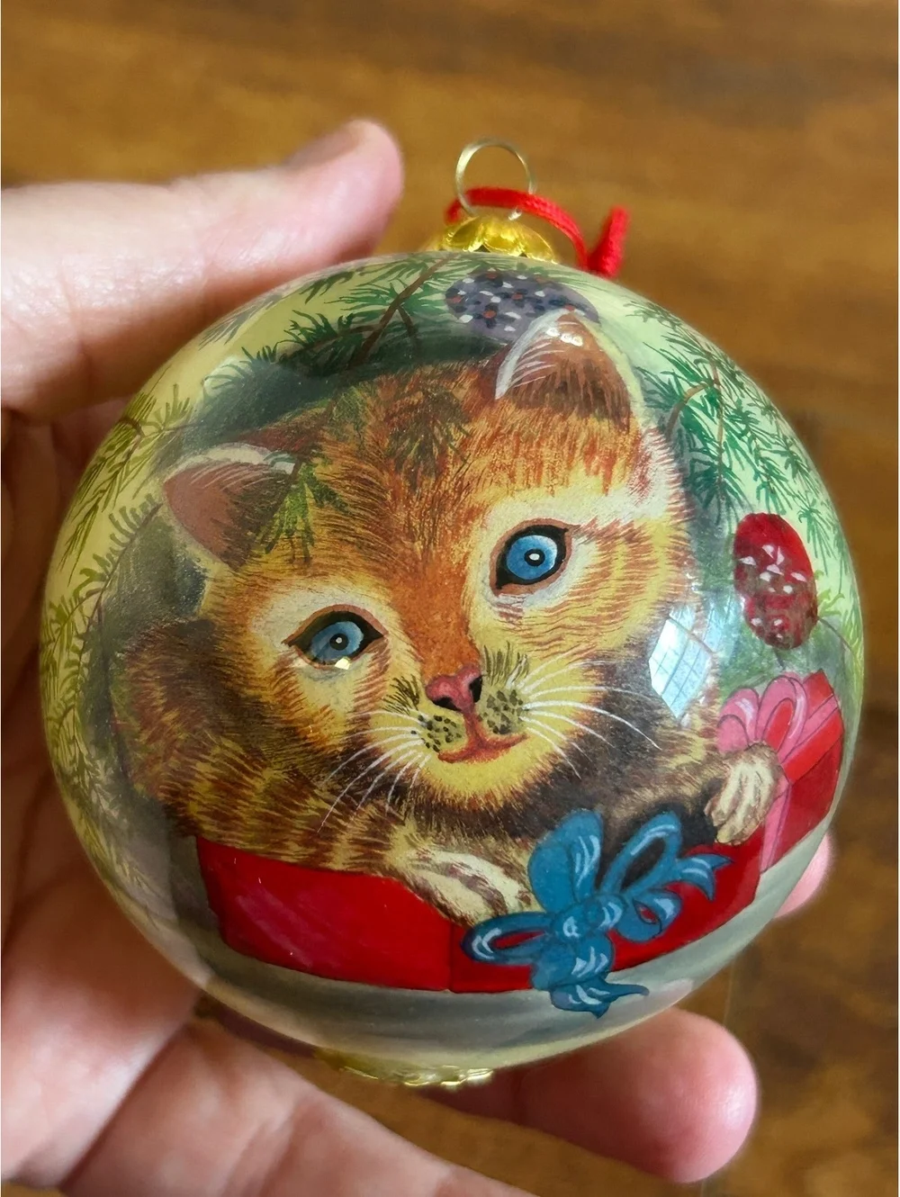Hand-Painted Ceramic Christmas Ornament with Kitten Design